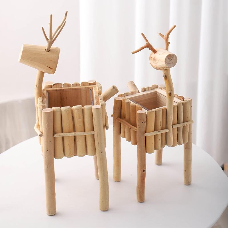 Handmade, Log Deer Flower Pot Ornament Garden Garden Ornament Landscape Flower Ware HongmingShop