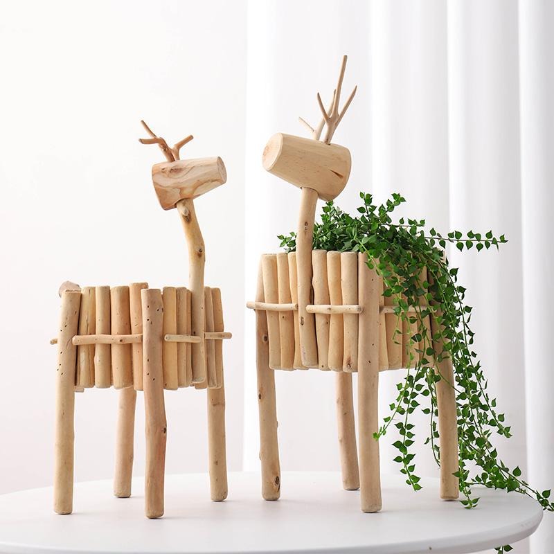 Handmade, Log Deer Flower Pot Ornament Garden Garden Ornament Landscape Flower Ware HongmingShop