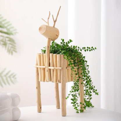 Handmade, Log Deer Flower Pot Ornament Garden Garden Ornament Landscape Flower Ware HongmingShop