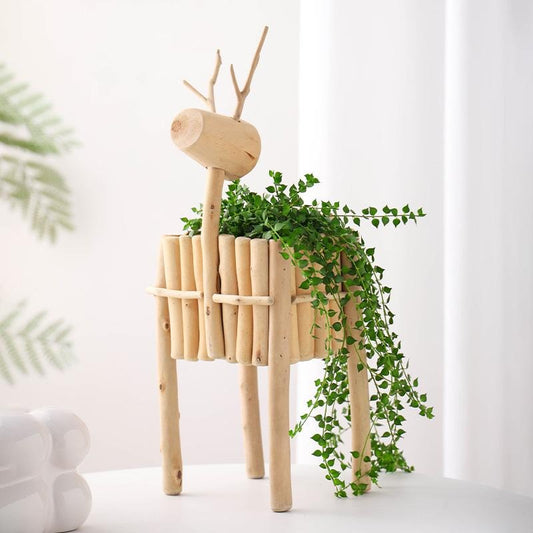 Handmade, Log Deer Flower Pot Ornament Garden Garden Ornament Landscape Flower Ware HongmingShop