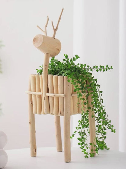 Handmade, Log Deer Flower Pot Ornament Garden Garden Ornament Landscape Flower Ware